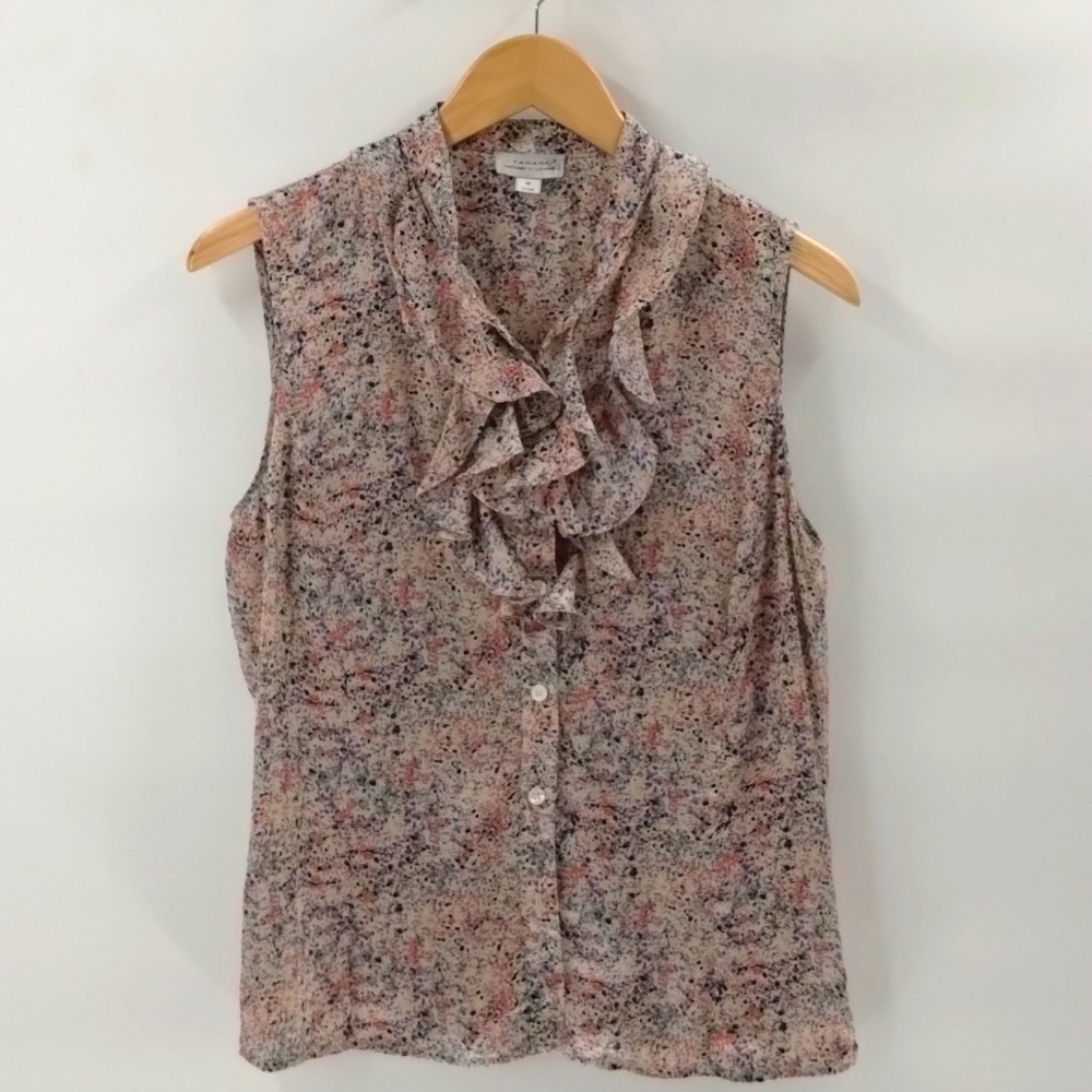 TAHARI button down blouse with front ruffle medium sleeveless multi splatter
